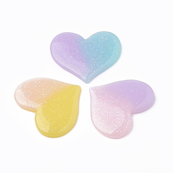 Resin Decoden Cabochons, with Glitter Powder, Imitation Jelly Style, Two Tone, Heart, Mixed Color, 30.5x36x3mm