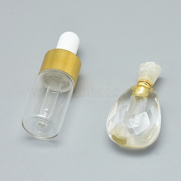 Faceted Natural Rose Quartz Openable Perfume Bottle Pendants, with Brass Findings and Glass Essential Oil Bottles, 40~43x21~23x12~13mm, Hole: 0.8mm; Glass Bottle Capacity: 3ml(0.101 fl. oz); Gemstone Capacity: 1ml(0.03 fl. oz)(G-E556-07A)