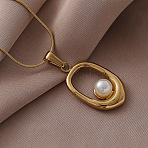 316 Surgical Stainless Steel with Imitation Pearl Oval Pendant Necklaces for Women, White, Golden, 15.75 inch(40cm)(CK2829)