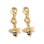Bees Brass Micro Pave Cubic Zirconia and Enamel Pendant Decorations, with Lobster Clasp, Rack Plating, Long-Lasting Plated, Cadmium Free & Lead Free, Golden, Black, 34.5mm(KK-T083-01J-G)