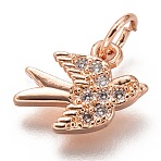 Brass Micro Pave Clear Cubic Zirconia Charms, Cadmium Free & Lead Free, Long-Lasting Plated, with Jump Ring, Bird, Rose Gold, 9x12x2mm, Hole: 3mm(ZIRC-C020-48RG)