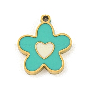 316 Surgical Stainless Steel Enamel Charms, Flower with Heart Charm, Golden, Dark Turquoise, 12x10x1.5mm, Hole: 1mm(STAS-M073-29A-03G)