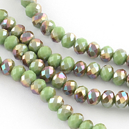 Electroplate Glass Faceted Rondelle Bead Strands, Half Rainbow Plated, Pale Green, 6x4mm, Hole: 1mm, about 87~90pcs/strand, 15.7 inch(X-EGLA-Q054-6mm-09)