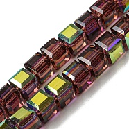 Electroplate Glass Beads Strands, Half Rainbow Plated, Faceted, Cube, Rosy Brown, 7~7.5x7~7.5x7~7.5mm, Hole: 1mm(EGLA-M031-01A-HR09)