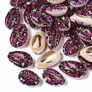 Printed Natural Cowrie Shell Beads, No Hole/Undrilled, with Leopard Print Pattern, Medium Violet Red, 18~21x12~15x7mm(X-SSHEL-R047-01-B08)