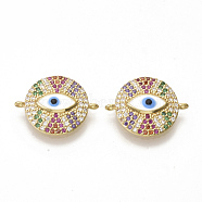Brass Micro Pave Cubic Zirconia Links connectors, with Enamel, Flat Round with Evil Eye, Golden, 21x16x3mm, Hole: 1.2mm(ZIRC-T012-26G)