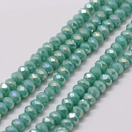 Electroplate Glass Bead Strands, Rondelle, Faceted, Rainbow Plated, Medium Sea Green, 3x2mm, Hole: 1mm, about 120~125pcs/strand, 12.4 inch(X-GLAA-K016-2x3mm-07FR)