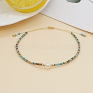 Glass Imitation Pearl & Seed Braided Bead Bracelets, Adjustable Bracelet, Turquoise, 11 inch(28cm)(WO2637-04)