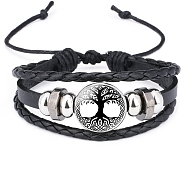 Cowhide & Imitation Leather Triple Layer Multi-strand Bracelets, Alloy Glass Rune Words Odin Norse Viking Amulet Adjustable Bracelet, Tree of Life, 7-1/8~10-1/4 inch(18~26cm)(PW-WG47086-03)