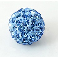 Grade A Round Light Sapphire Pave Disco Ball Beads, Polymer Clay Rhinestone Beads, 8mm, Hole: 1mm(X-RB-H258-8MM-211)