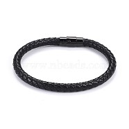 Man's Braided Leather Cord Bracelets, with 304 Stainless Steel Magnetic Clasps, Black, 8-1/4 inch(21cm), 6mm(BJEW-JB04255-01)