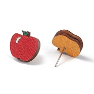 Natual Wood Easter Stud Earrings, 316 Stainless Steel Jewelry for Women, Apple Pattern, 14.6x14.6mm, Pin: 0.6mm(EJEW-C013-02G)