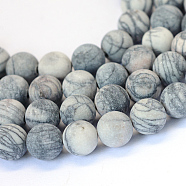 Frosted Natural Black Silk Stone/Netstone Round Bead Strands, 8~8.5mm, Hole: 1mm, about 47pcs/strand, 15.5 inch(X-G-E334-8mm-25)