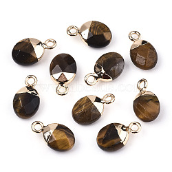 Natural Tiger Eye Charms, Top Light Gold Plated, with Iron Loop, Oval, Faceted, 14~15x8x5mm, Hole: 1.8mm(X-G-N326-58C)