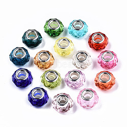 Transparent Resin European Beads, Imitation Crystal, Large Hole Beads, with Silver Tone Brass Double Cores, Faceted, Rondelle, Mixed Color, 14x9.5mm, Hole: 5mm(RPDL-T003-003-B01)