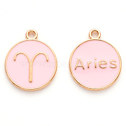 Alloy Enamel Pendants, Cadmium Free & Lead Free, Flat Round with Constellation, Light Gold, Pink, Aries, 22x18x2mm, Hole: 1.5mm(ENAM-S124-01A-09A)