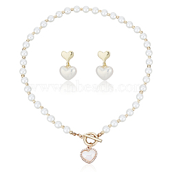 ANATTASOUL ABS Plastic Pearl Heart Pendant Necklace with Beaded Chains & Dangle Stud Earrings, Jewelry Set for Women, Golden, 17.72 inch(45cm), 13.5x15x7mm, pin: 0.7mm(SJEW-AN0001-18)