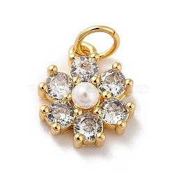 Rack Plating Brass Micro Pave Cubic Zirconia Charms, with Pearl, Cadmium Free & Lead Free, Real 18K Gold Plated, Flower, Clear, 12.5x10.5x4mm, Hole: 3.6mm(KK-A160-22A-G)