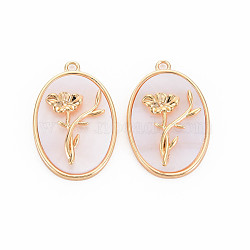 Brass Birth Floral Pendants, Oval with Flower Mother of Pearl White Shell Charms, Nickel Free, Real 18K Gold Plated, August Poppy, 27x18x4mm, Hole: 1.8mm(KK-S364-286)