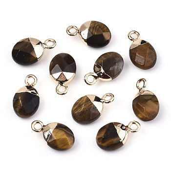 Natural Tiger Eye Charms, Top Light Gold Plated, with Iron Loop, Oval, Faceted, 14~15x8x5mm, Hole: 1.8mm