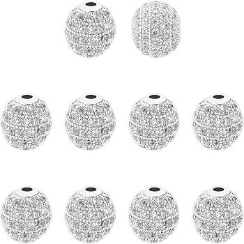 Rack Plating Brass Cubic Zirconia Beads, Long-Lasting Plated, Round, Platinum, 9.5~10x9~9.5mm, Hole: 2mm, 10pcs/box