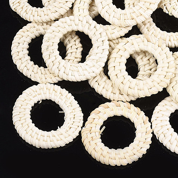 Handmade Reed Cane/Rattan Woven Linking Rings, For Making Straw Earrings and Necklaces,  Ring, Lemon Chiffon, 37~43x4~5mm, Inner Diameter: 19~24mm