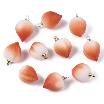 Opaque Resin Pendants, with Brass Findings, Peach, Coral, 16~17x11mm, Hole: 1.5mm