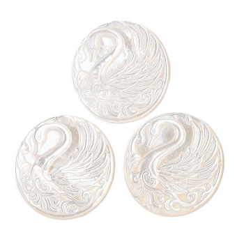 Natural White Shell Cabochons, Flat Round with Carved Swan, Seashell Color, 31x29x2mm