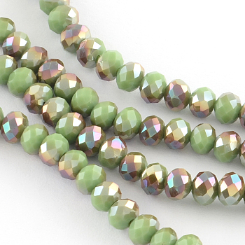 Electroplate Glass Faceted Rondelle Bead Strands, Half Rainbow Plated, Pale Green, 6x4mm, Hole: 1mm, about 87~90pcs/strand, 15.7 inch