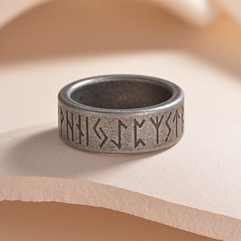 Viking Rune 304 Stainless Steel Finger Rings for Men, Antique Silver, 8mm, Inner Diameter: 19mm