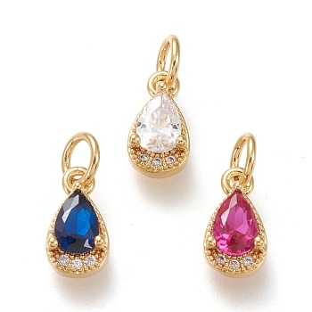 Brass Micro Pave Clear Cubic Zirconia Charms, with Jump Rings, Long-Lasting Plated, Real 18K Gold Plated, Teardrop, Mixed Color, 10.5x5.5x3.5mm, Hole: 3.4mm