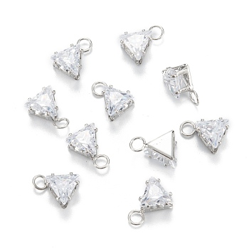 Brass Clear Cubic Zirconia Charms, Long-Lasting Plated, Triangle, Platinum, 9x6.5x4.5mm, Hole: 2mm