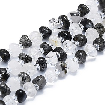 Natural Black Rutilated Quartz Beads Strands, with Seed Beads, Flat, 7~8x7~8x3~5mm, Hole: 1mm, about 60pcs/strand, 15.35''(39cm)