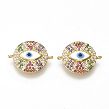 Brass Micro Pave Cubic Zirconia Links connectors, with Enamel, Flat Round with Evil Eye, Golden, 21x16x3mm, Hole: 1.2mm