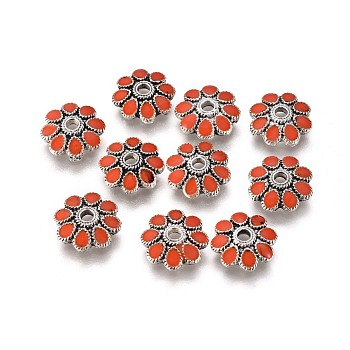 Alloy Enamel Flower Bead Caps, 8-Petal, Antique Silver, Orange Red, 10x3mm, Hole: 2mm