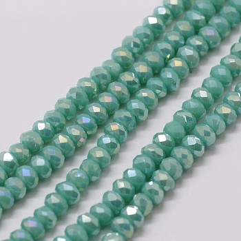 Electroplate Glass Bead Strands, Rondelle, Faceted, Rainbow Plated, Medium Sea Green, 3x2mm, Hole: 1mm, about 120~125pcs/strand, 12.4 inch