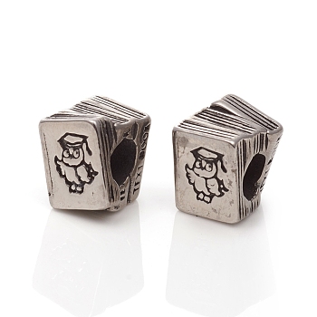 304 Stainless Steel European Beads, Large Hole Beads,  Text Book with Owl, Antique Silver, 11x9x9mm, Hole: 5mm