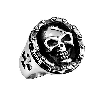 Stainless Steel Signet Rings, Skull, Antique Silver, US Size 8(18.1mm)