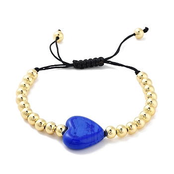 Handmade Lampwork Heart Bracelets, Adjustable 6mm Round Brass Braided Bead Bracelets for Women, Real 18K Gold Plated, Blue, Inner Diameter: 1-7/8~3-1/8 inch(4.8~7.8cm), Heart: 19x20.5x7mm