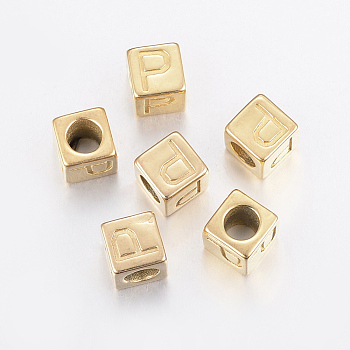 304 Stainless Steel Large Hole Letter European Beads, Horizontal Hole, Cube with Letter.P, Golden, 8x8x8mm, Hole: 5mm
