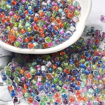 Transparent Glass Round Seed Beads, Inside Colours, Round, Colorful, 6/0, 4x3mm, Hole: 1.2mm, about 7258pcs/pound