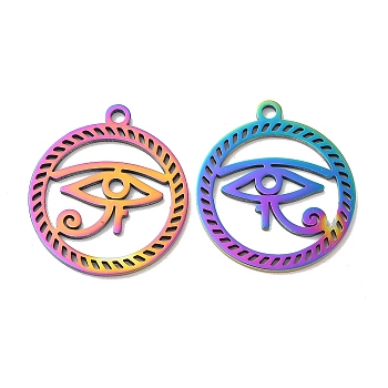 Ion Plating(IP) 304 Stainless Steel Pendants, Flat Round with Eye of Horus Charm, Rainbow Color, 28x24.5x1.5mm, Hole: 2mm