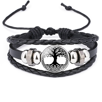 Cowhide & Imitation Leather Triple Layer Multi-strand Bracelets, Alloy Glass Rune Words Odin Norse Viking Amulet Adjustable Bracelet, Tree of Life, 7-1/8~10-1/4 inch(18~26cm)