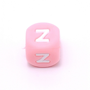 Silicone Alphabet Beads for Bracelet or Necklace Making, Letter Style, Pink Cube, Letter.Z, 12x12x12mm, Hole: 3mm