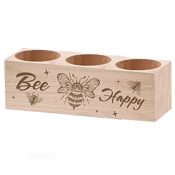 3 Hole Wood Candle Holders, Rectangle with Word Happy, Bees, 5.5x15x4.5cm