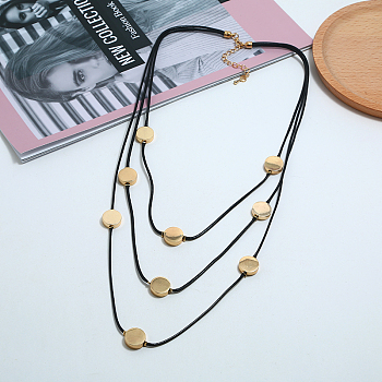 Fashionable Handmade Multi-layer Cord Brass Flat Round Pendant Necklaces for Women, Golden, Black, 23.62 inch(60cm)