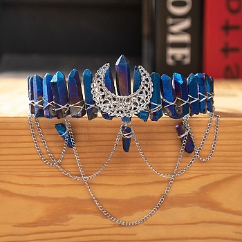 Moon & Chain Metal Hair Bands, Natural Quartz Crystal Wrapped Hair Hoop for Women Girl, Blue, 150x130mm