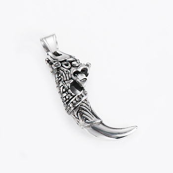 Tibetan Style 304 Stainless Steel Pendants, Tusk, Antique Silver, 47.5x21x11mm, Hole: 7x4mm