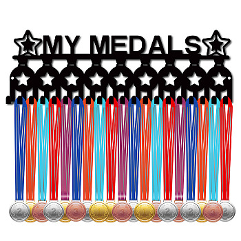 Iron Medal Holder Frame, 20 Hooks Medals Display Hanger Rack, with Screws, Black, Medal, 130x400mm, Hole: 5mm