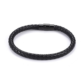 Man's Braided Leather Cord Bracelets, with 304 Stainless Steel Magnetic Clasps, Black, 8-1/4 inch(21cm), 6mm